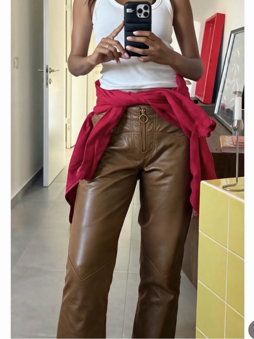 Vintage Lucy Berkley NYC Brown Leather Pants Leopard Lining Size 8